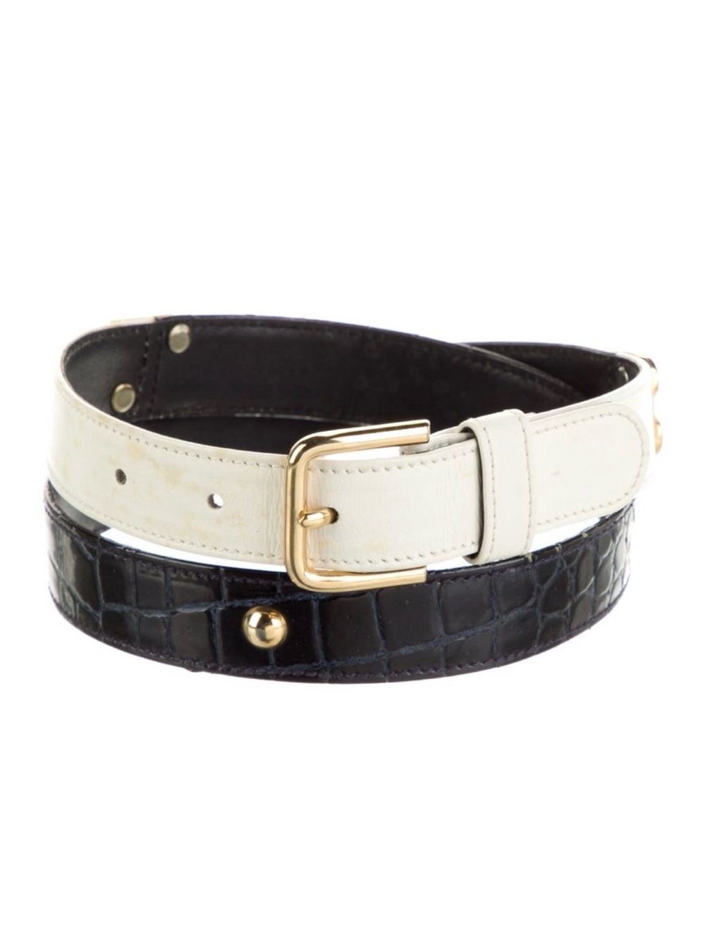 Escada Two-Tone Cream and Black Leather Belt with Gold Buckle, Size medium